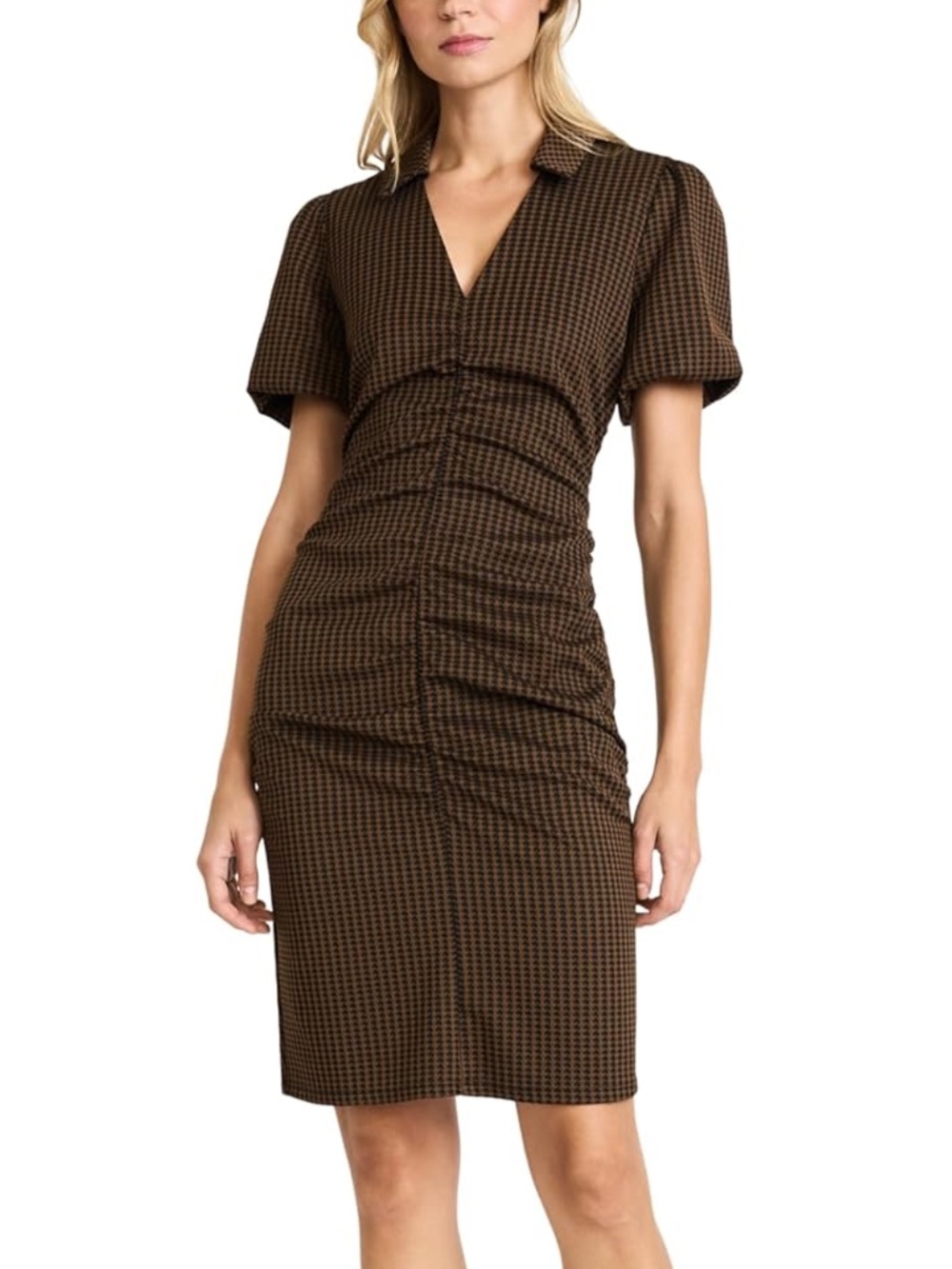 Donna Morgan Brown Houndstooth Ruched V‑Neck Mini Dress